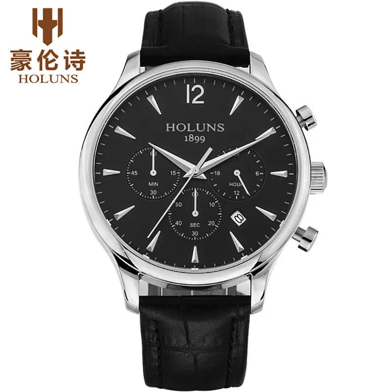 

HOLUNS Chronograph Men Fashion Design Quartz Watches Casual Simple Wristwatch Black Leather Waterproof 2018 relogio masculino