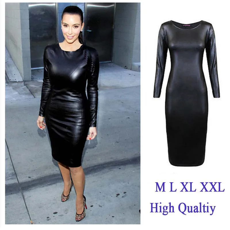 Hot-2015-Women-Leather-Dress-Sexy-Clubwear-Long-Sleeve-Crew-Neck-Party-Black-Midi-Faux-Leather