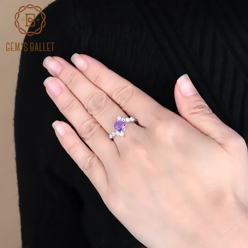 

GEM'S BALLET 1.35Ct Round Natural Amethyst Gemstone Ring 100% 925 Sterling Silver Engagement Rings for Women Fine Jewelry Gift