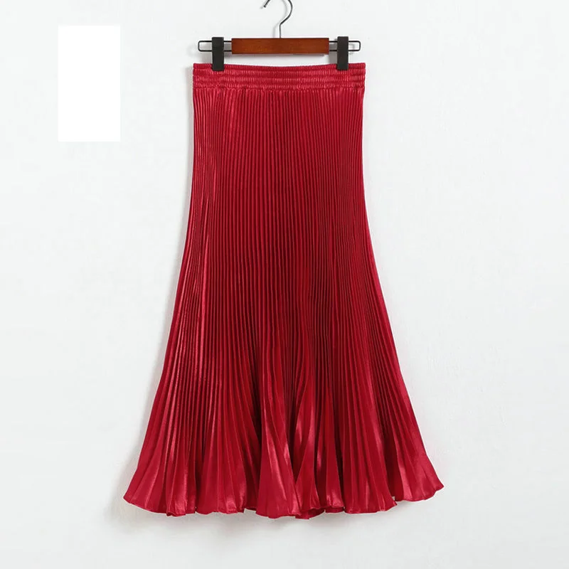 SETWIGG блестящая металлическая длинная Плиссированная юбка Весенняя женская эластичная талия с воланами по краям длиной до икры длинная юбка русалки SG511 - Цвет: red