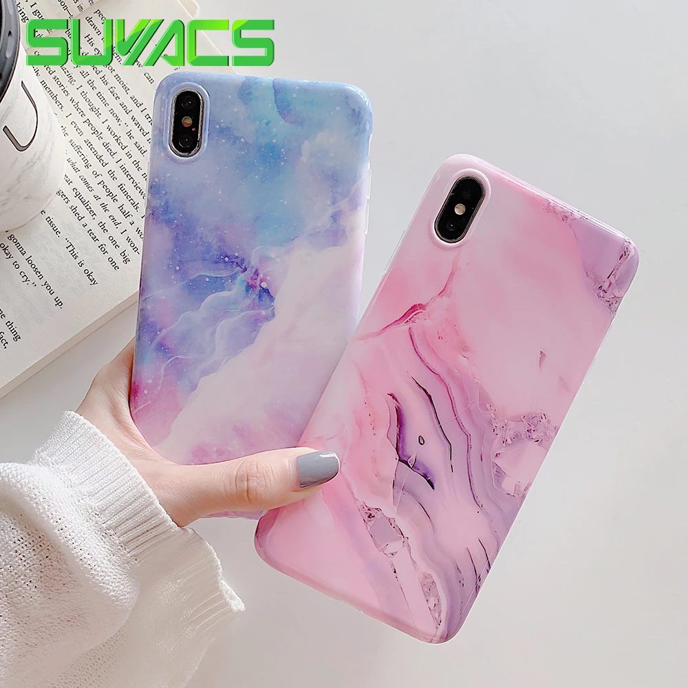 

SUYACS Red Pink Marble & Purple Starry Sky Pattern Case For iPhone XR XS MAX X 6 6S 7 8 Plus Glossy Phone Back Cover Cases Coque