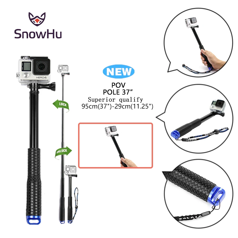 

SnowHu For Go Pro 37'' Extendable Handheld POV Pole Telescopic Monopod Stick w/ Wifi Remote Holder Clip for GoPro Hero 7 6 5 4