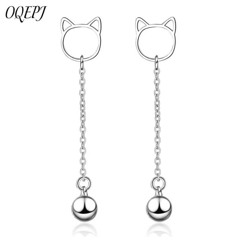 

OQEPJ Trendy Tassel Cat Bell Earrings 925 Sterling Silver Cute Animal Jewelry For Women Long Chain Dangle Drop Earrings Girls