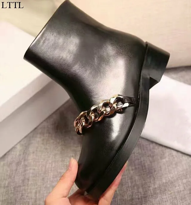 Fashion Winter/Spring Shoe Solid Black Casual Round Toe Chain Square Heels Ride Ankle Boot Women Size 9 Free Ship Zapatos Mujer