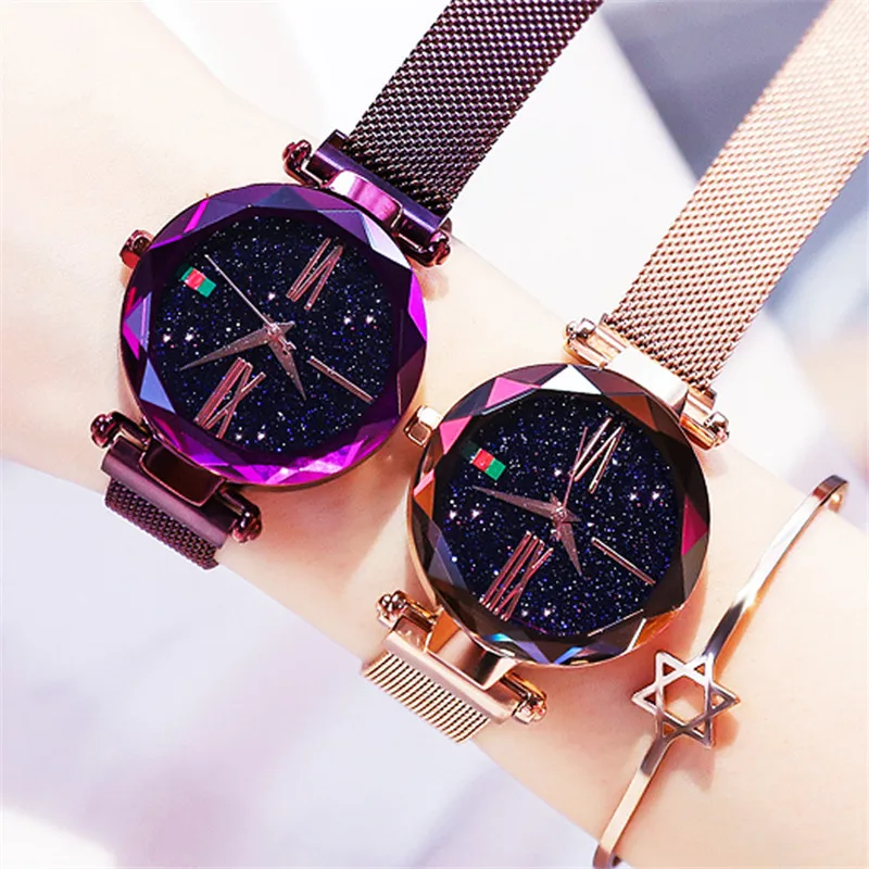 

Women Mesh Magnet Buckle Starry Sky Watch Casual Luxury Women Geometric Surface Quartz Watches Relogio Feminino Brathwait