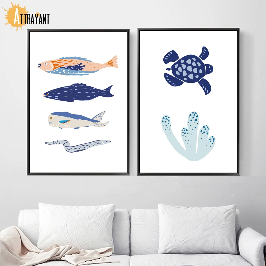 Turtle Fish Shell Mica Coral Marine Life Wall Art Canvas Painting Nordic Posters And Prints Pictures For Living Room Decor | Дом и сад