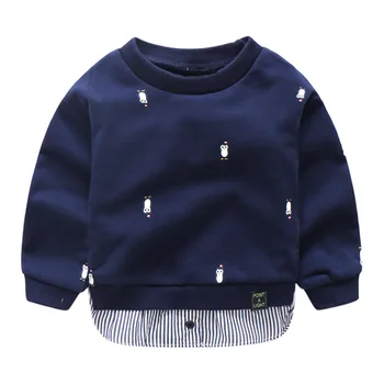 

2018 New Cartoon Penguin Print Spring Autumn Child Sweatshirt Fake Two Pieces Stripe Splicing Boys TShirt Fashion Baby Kids Tops