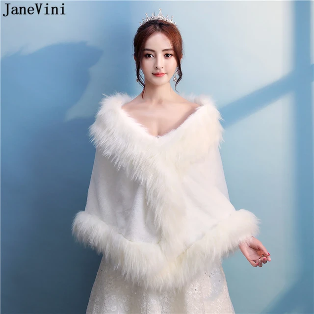 Price JaneVini Ivory Winter Faux Fur Bridal Wraps Warm Boleros Graceful Wedding Bride Coat Shawls Cloak Women Prom Party Accessories