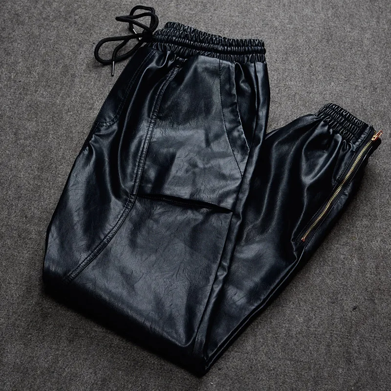 

S~5XL NEW Men's casual leather pants men's Haren trousers comfortable motorcycle small leg pants plus size PU leather pants