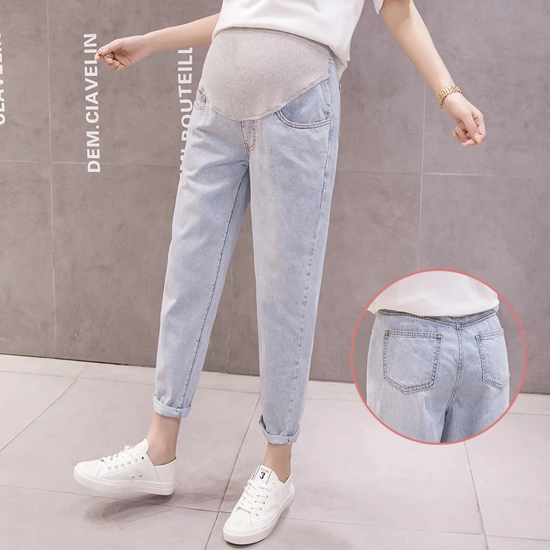 

9991# 9/10 Length Wahsed Denim Maternity Straight Jeans Adjustable Belly Pants Clothes for Pregnant Women Loose Casual Pregnancy