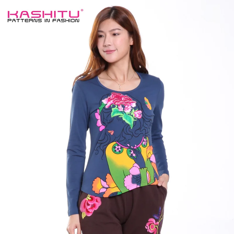 Kashitu Elegant Floral Print O-Neck Long Sleeve Slim Fit Tee Autumn Women Casual Women Tshirt Top Kashitu Elegant Floral Print O-Neck Long Sleeve Slim Fit Tee Autumn Women Casual Women Tshirt Top
