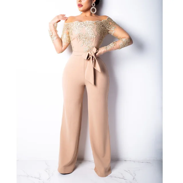 flower embroidery off shoulder wide leg jumpsuit