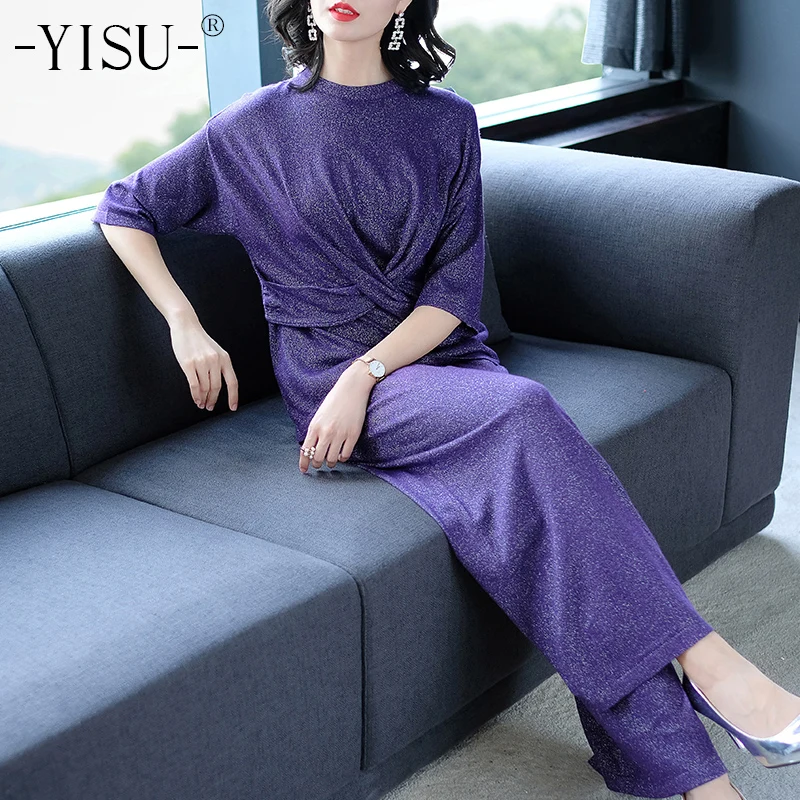 Ensembles Tenues Automne pourpre Chaud noir Femme Deux Yisu Costumes Solide Set Pantalon Tricoté Pièces Or Pulls Femmes Pull 2018 Chandail wxxqAa0C