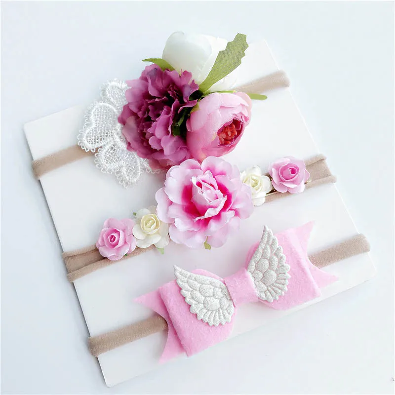 

3Pcs/Set Baby Hair Accessories Bohemia Flowers Bowknot Nylon Elastic Hair Band Headwear Girls DIY Handmade Head Band