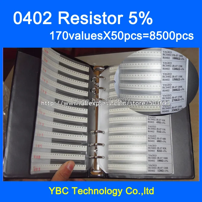 

Free shipping 0402 SMD Resistor Sample Book 5% Tolerance 170valuesx50pcs=8500pcs Resistor Kit 0R~10M