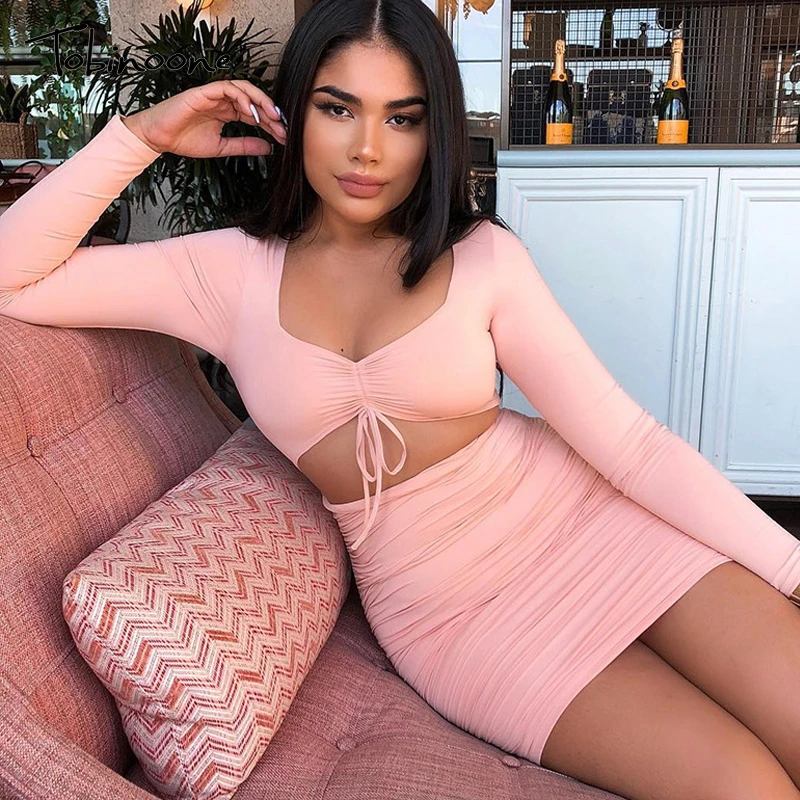 

Tobinoone 2 Layers Autumn Dress Women 2019 New Long Sleeve Bodycon White Dress Slim Ruched Pencil Party Dress Sexy Robe Femme