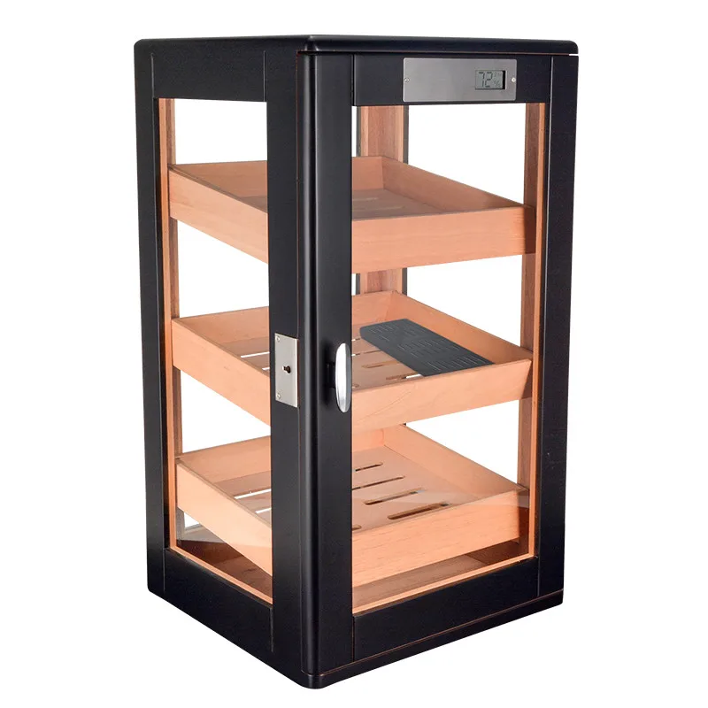Promotion Price! COHIBA High Glossy Cedar Wood Cigar Cabinet Humidor Storage Box W/ 3 Drawers Hygrometer Humidifier