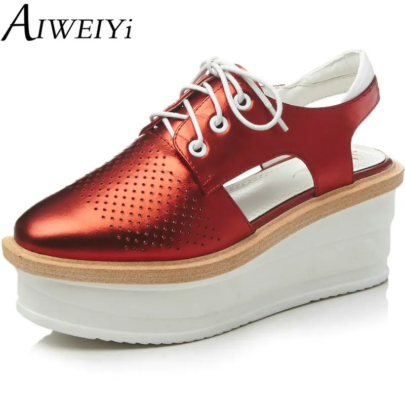 

AIWEIYi Genuine Leather Shoes Woman 2017 Fashion Women Loafers Slingbacks Lace up Women's Flat Shoes Moccasins Size 34-42