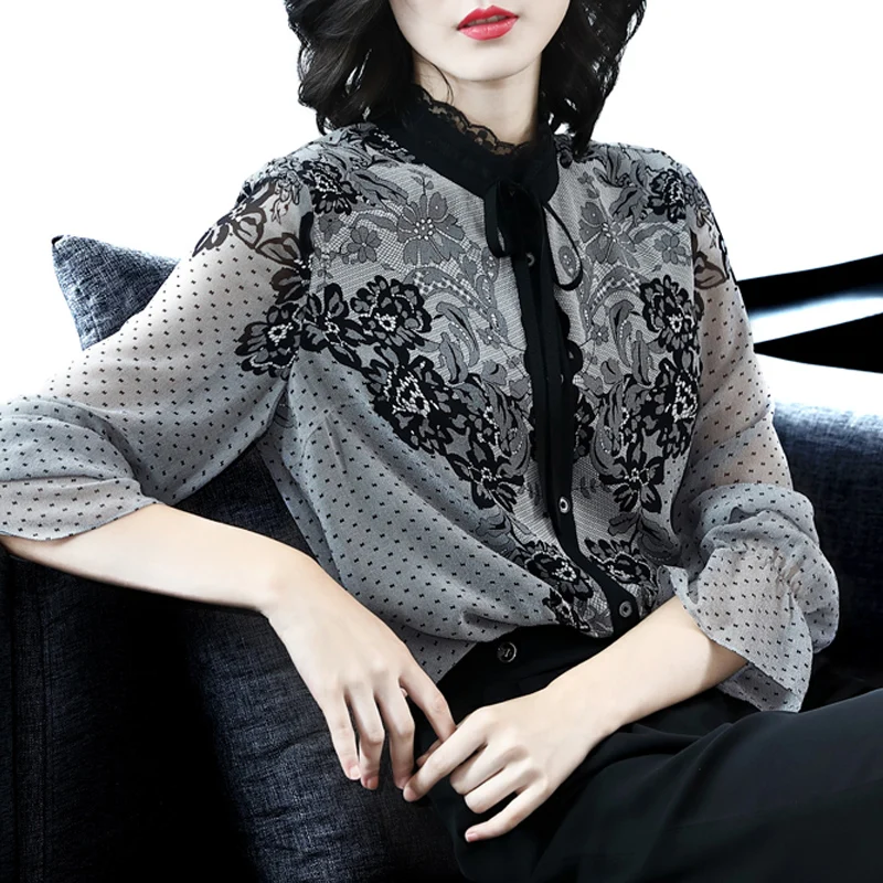 

Spring Womens Lace Patchwork Ruffle Long Sleeve Imitation Silk Black Dot Tops And Blouses , Woman Shirt , Womens 4xl Blouse Top