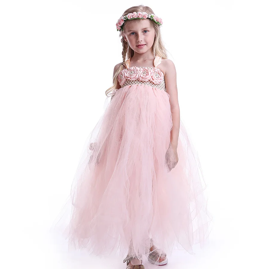 Girls Princess Peach Flowers Tutu Dress Children Summer Fancy Ankle Length (2)