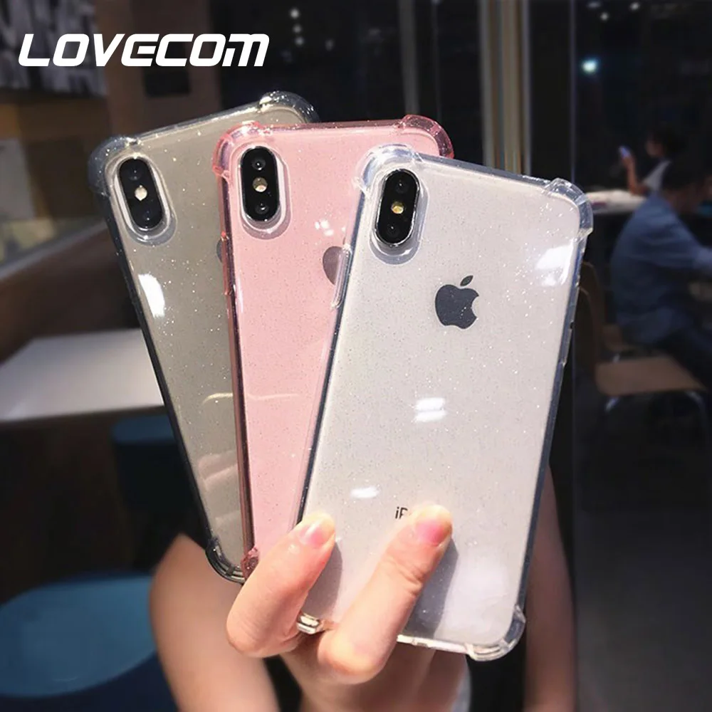 

LOVECOM Hot Glitter Transparent Cases For iPhone X XS Max XR 6 6S 7 8 Plus Corner Shockproof Soft TPU Phone Back Cover Case Gift