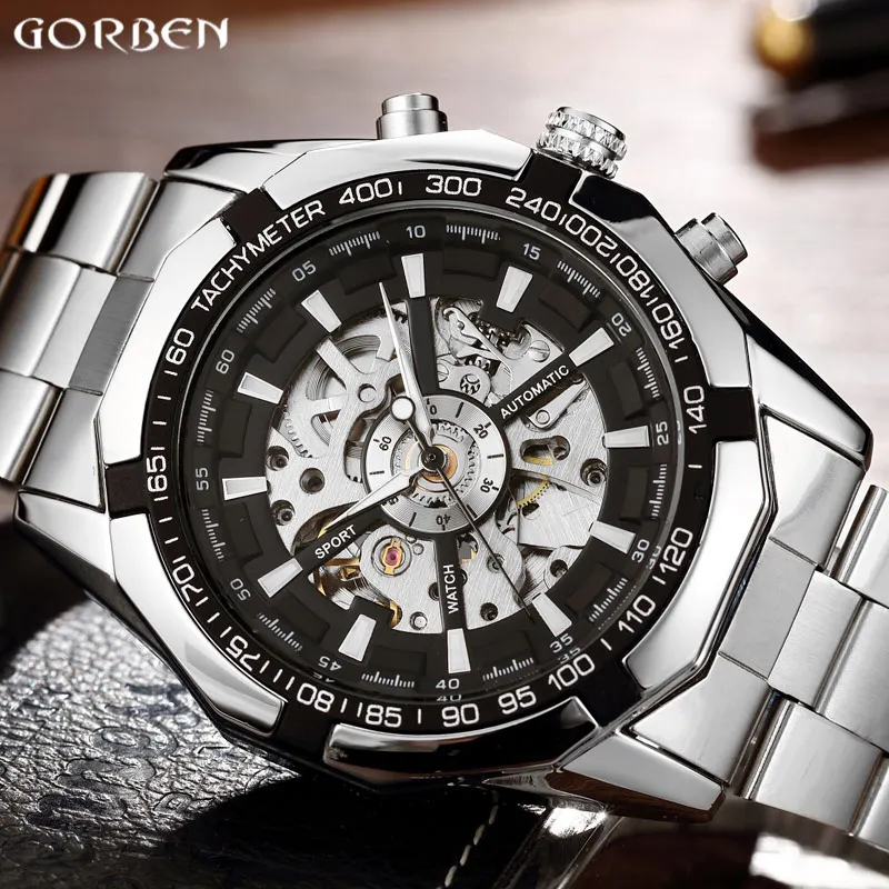 Prix Argent de luxe Automatique Mécanique Hommes Montre Squelette Bracelet En Acier Inoxydable Auto vent Montre Bracelet Hommes Horloge relogio masculino