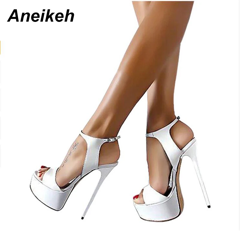 US $17.91 Aneikeh Hot Sales 2020 Summer Style 16cm Women Sandals High Heels Open Toe Buckles Nightclub Party Shoe Black Big Size 9