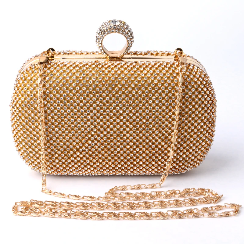 Diamond Rhinestone Evening Clutch Bag Finger Ring Handbag Purse Evening