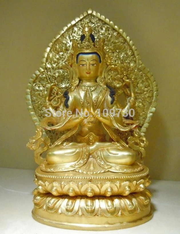 

001771 12" China Tibet pure bronze gold finely carved Four-Armed Kwan-yin buddha statue