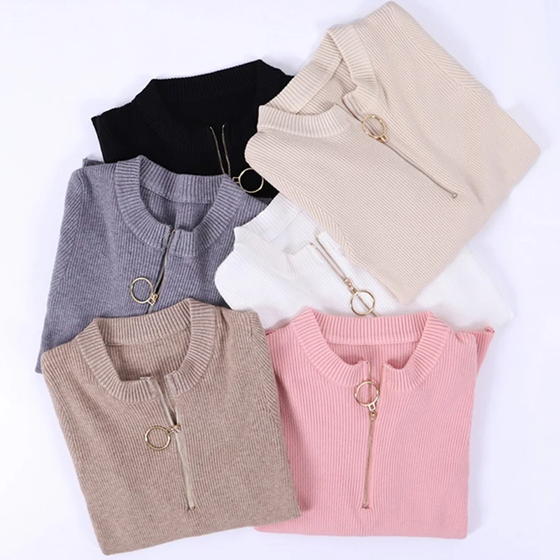 

1pc New Fashion Zipper Spring O-Neck Bottoming Knitted Pullover Women High Elastic Solid Sweater Slim Tight Sweaters Tops