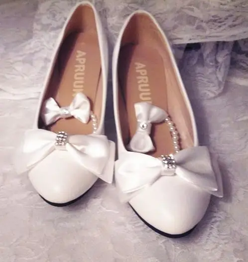 

White wedding shoes women plus size 41 42 middle heel slip on sweet romantic bow bowtie bridal shoes lady butterfly-knot shoe