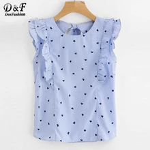 Dotfashion Frill Trim Open Back Bow Tie Detail Striped Top 2019 Summer Cap Sleeve Ruffle Slim Women Top Blue Round Neck Blouse