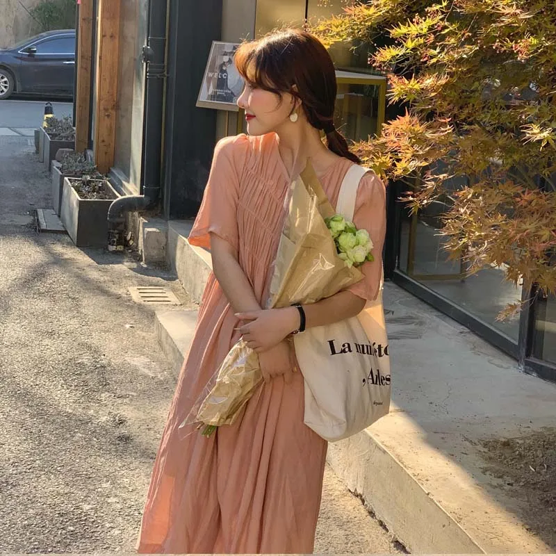 

Plus Size Women Summer Dress Elegant Short Sleeve O-neck Loose Vestidos Verano Casual Maxi Long Pleated Dress Robe Femme