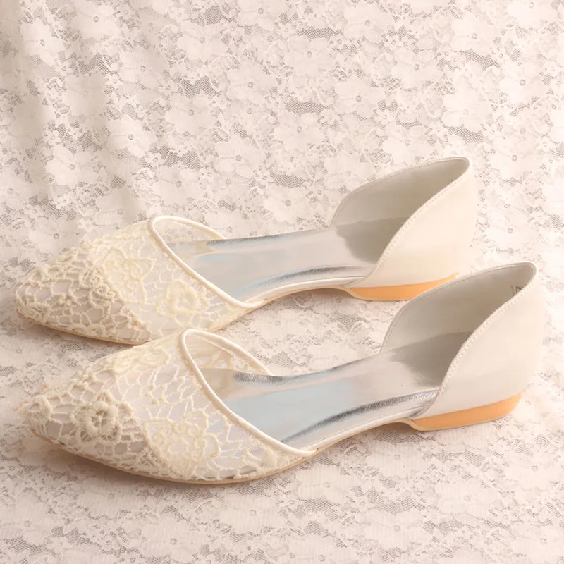 Удобные туфли-лодочки для женщин; свадебные балетки с острым носком на плоской подошве с кружевом - Цвет: ivory