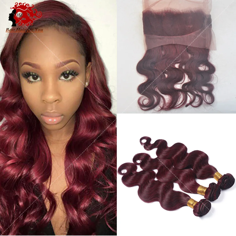 Wine Red Virgin Hair Body Wave 3 Bundles With 360 Full 