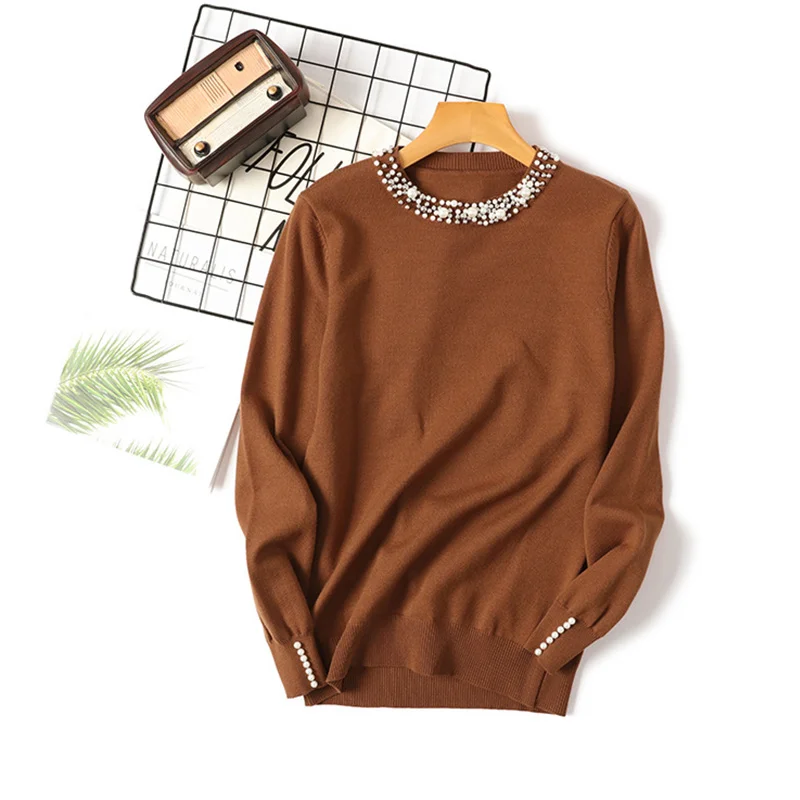 Осенний пуловер с круглым вырезом и бисером, женский свитер с длинным рукавом, однотонный офисный женский джемпер, зимний женский свитер цвета хаки - Цвет: Brown HFB4483