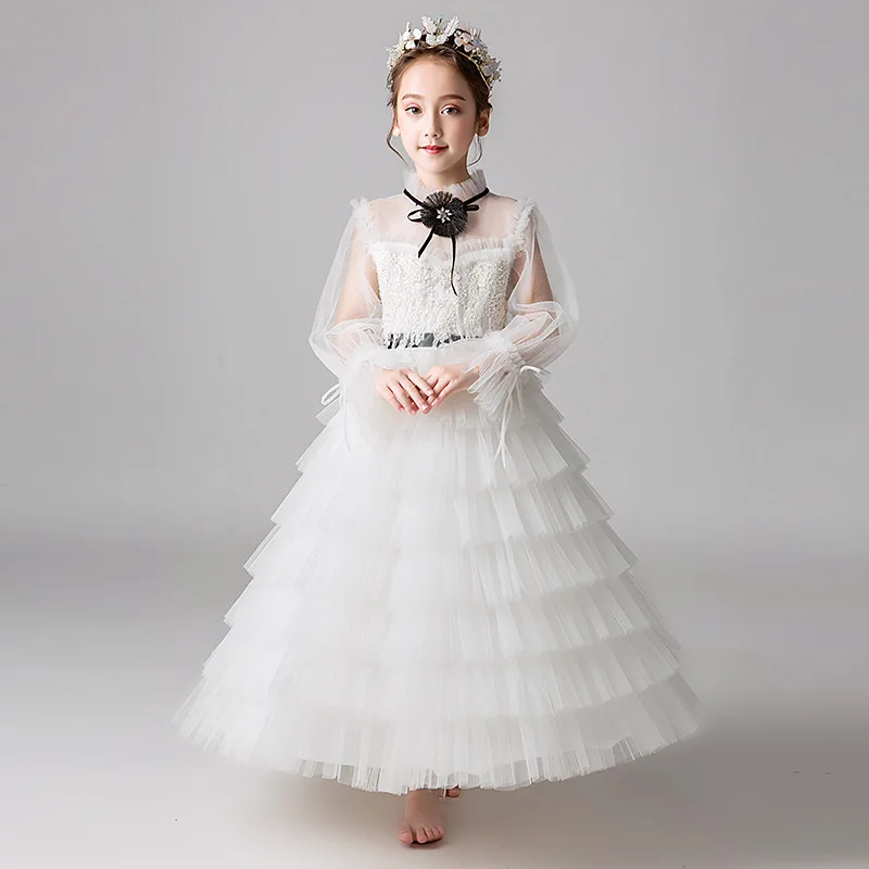 

Beading Holy Communion Dress Princess Layered Dress Long Sleeve Flower Girl Dresses for Wedding Luxury Birthday Costume B427