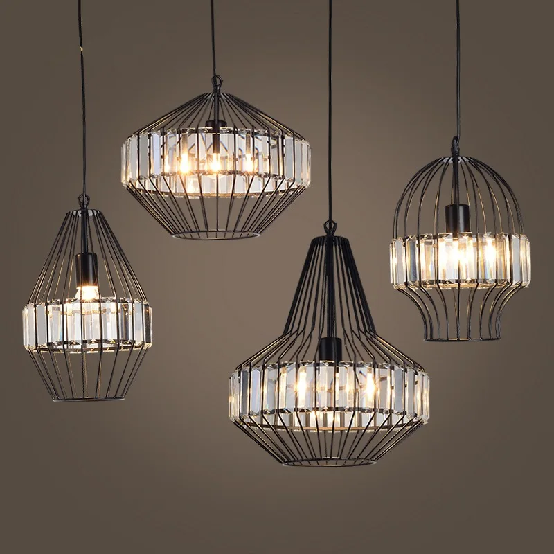 

Modern simple iron wire cage chandelier restaurant crystal bird cage pendant lamp
