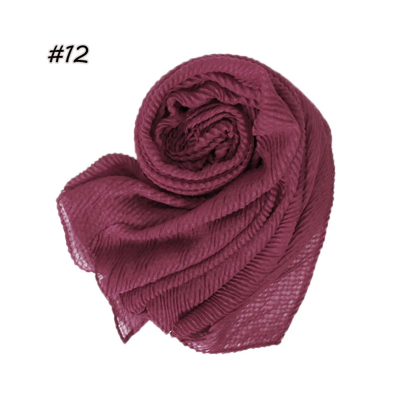 Однотонный хлопковый хиджаб-шарф из морщин, рябь, мусульманская длинная шаль, однотонная Макси модная плиссированная накидка, глушитель, 10 шт./партия, 24 цвета - Color: 12