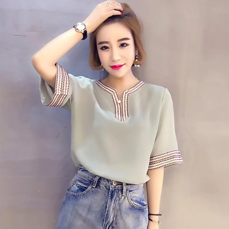 Women Ethnic Chiffon Blouses Embroidery Patchwork V Neck Blouse Tops