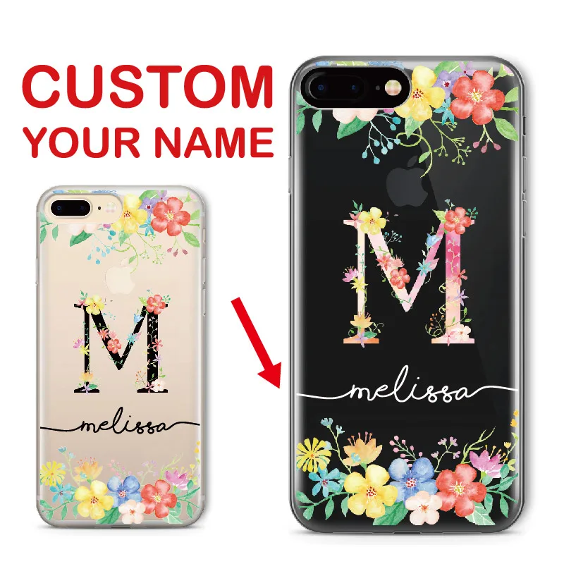 

Custom Personalized Name Floral Letter Initial Soft Clear Phone Case For iPhone 6 6S XS Max 7 7Plus 8 8Plus 5 X SAMSUNG S7 S8 S9