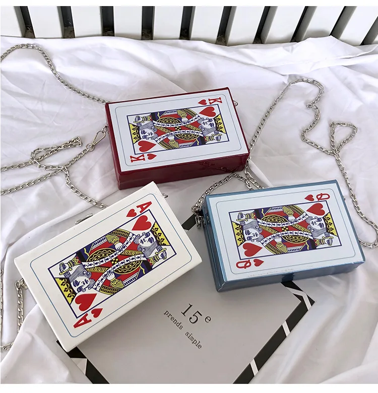 

Personality Poker Print Box Style Women Funny Clutch Bag Handbag Chain Purse Shoulder Crossbody Bag Bolsa Feminina 2019 New