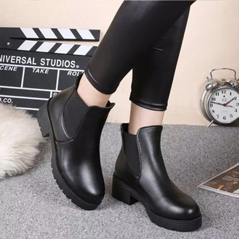 

Round Toe Chelsea Boots Fashion Women Boots Autumn Winter Ankle Boots Square Heel Women Shoes Black PU Leather Martin boots