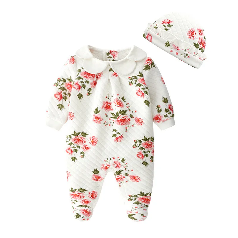 Одежда для маленьких девочек с цветочным рисунком; Хлопковые комбинезоны для новорожденных; Одежда для новорожденных с длинными рукавами; шапки; осенне-зимний костюм для младенцев