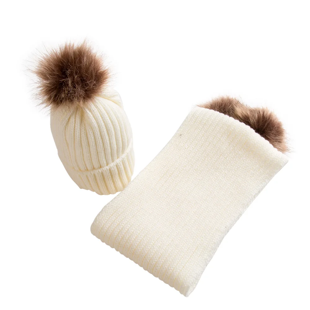 Puseky/Зимний теплый комплект из 2 предметов, милая мягкая вязаная шапка с меховым помпоном, детская шляпа, шапочка и шарф, шарфы-кольца, костюм