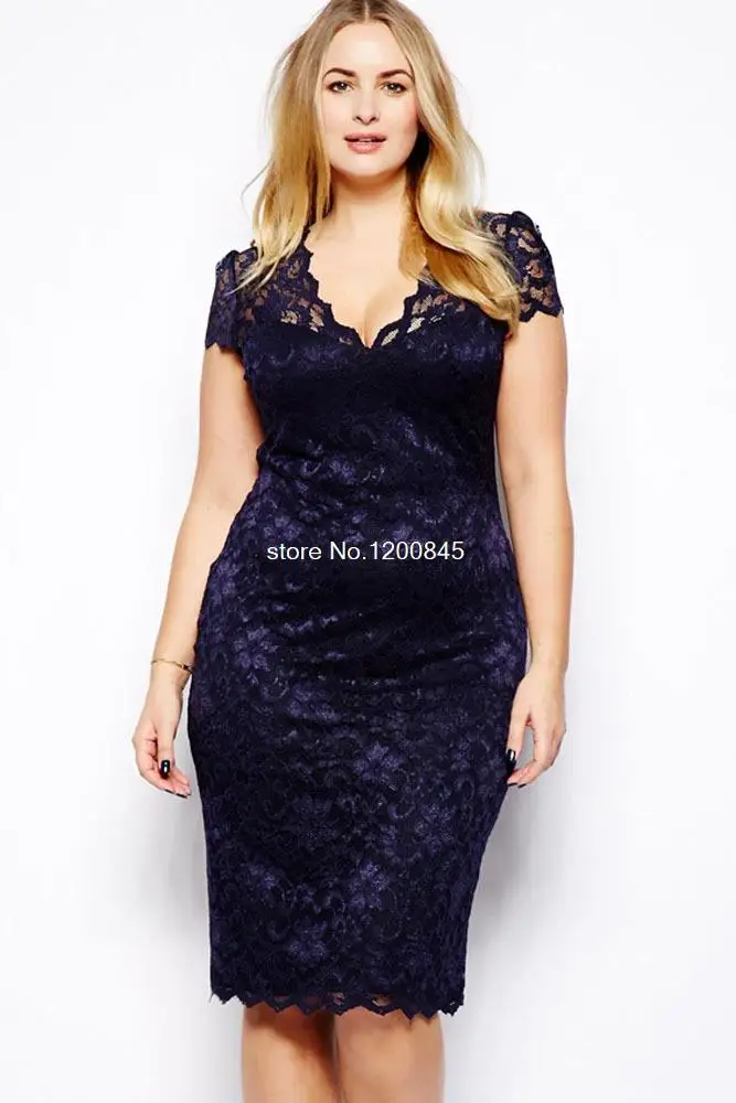 beauty online top 2015 Sexy dress Navy Blue Scalloped V neck Lace Dress
