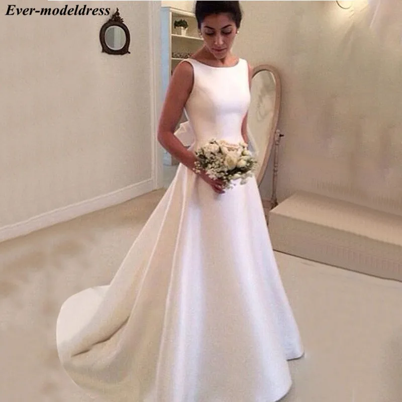 

Elegant Satin A-Line Wedding Dresses 2019 Backless With Bow Bridal Gowns Cheap Country Style vestido de noiva sereia
