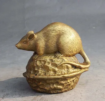 

Fengshui China Chinese Folk Brass Walnut Zodiac Mouse Animal Statue Statuette