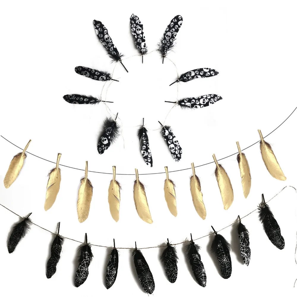 

1 set Black Skulls Spider Web Pattern White Feathers Pull Flag Wedding Birthday Party Banner DIY Decorations Supplies Gifts toy