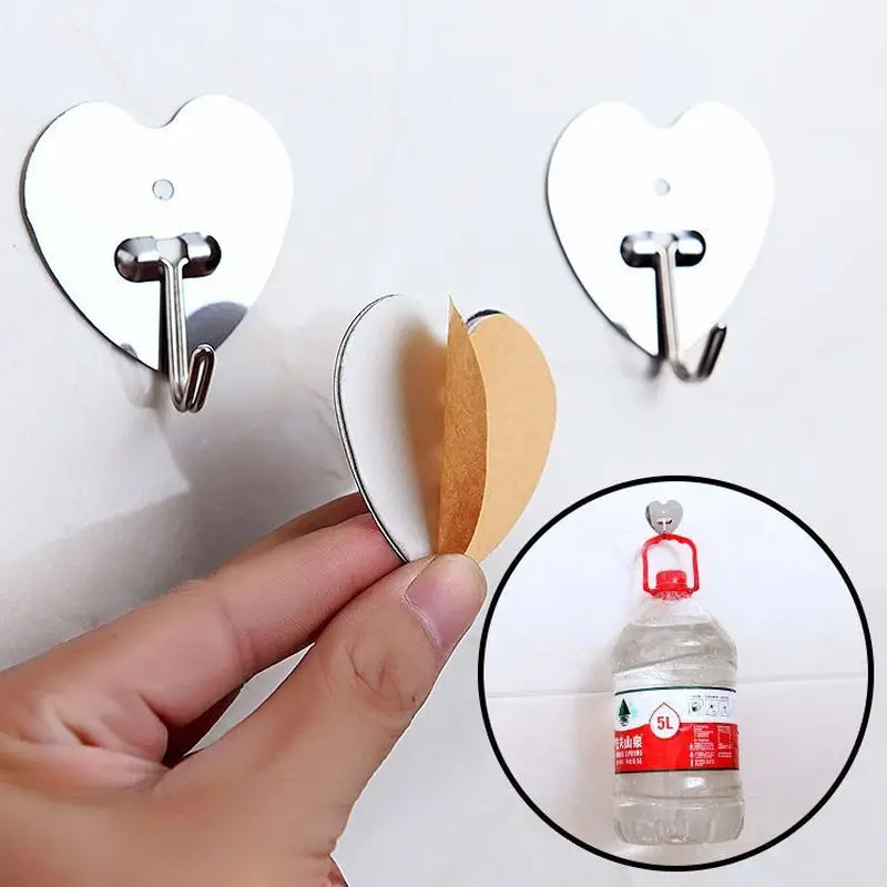 

1PC Home Use heart shape Stainless Steel Hook No Trace Adhesive Holder Wall Door Hanging Towel Bag Key Organization